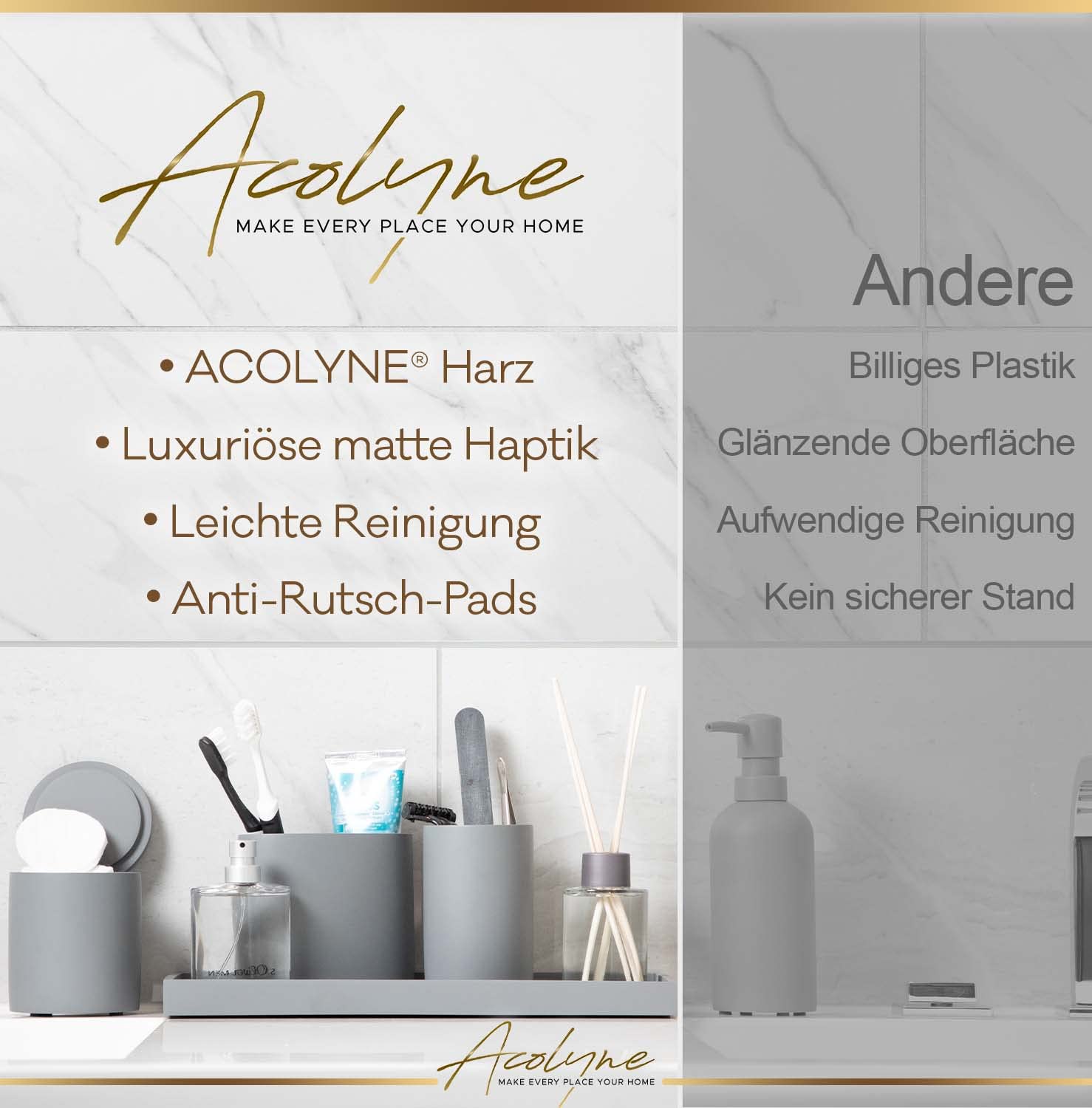 𝐀𝐜𝐨𝐥𝐲𝐧𝐞® Premium 5-teiliges Badezimmer Set aus [Hochwertigem Harz] als Bad Accessoires | Seifenspender Set oder Badezimmer Organizer | Zahnputzbecher | Bad Zubehör