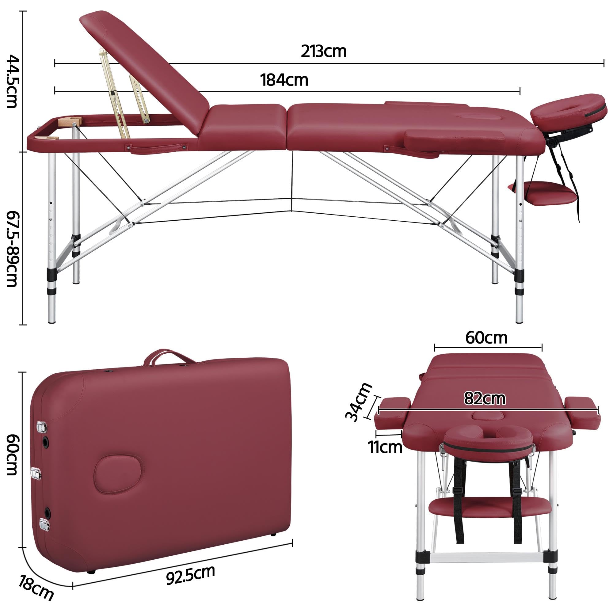 Yaheetech 3 Zonen Massageliege Klappbar & Höhenverstellbar Aluminium Massagetisch inkl. Abnehmbarer Kopfstütze & Armlehnen 60 cm Breit Burgunderrot