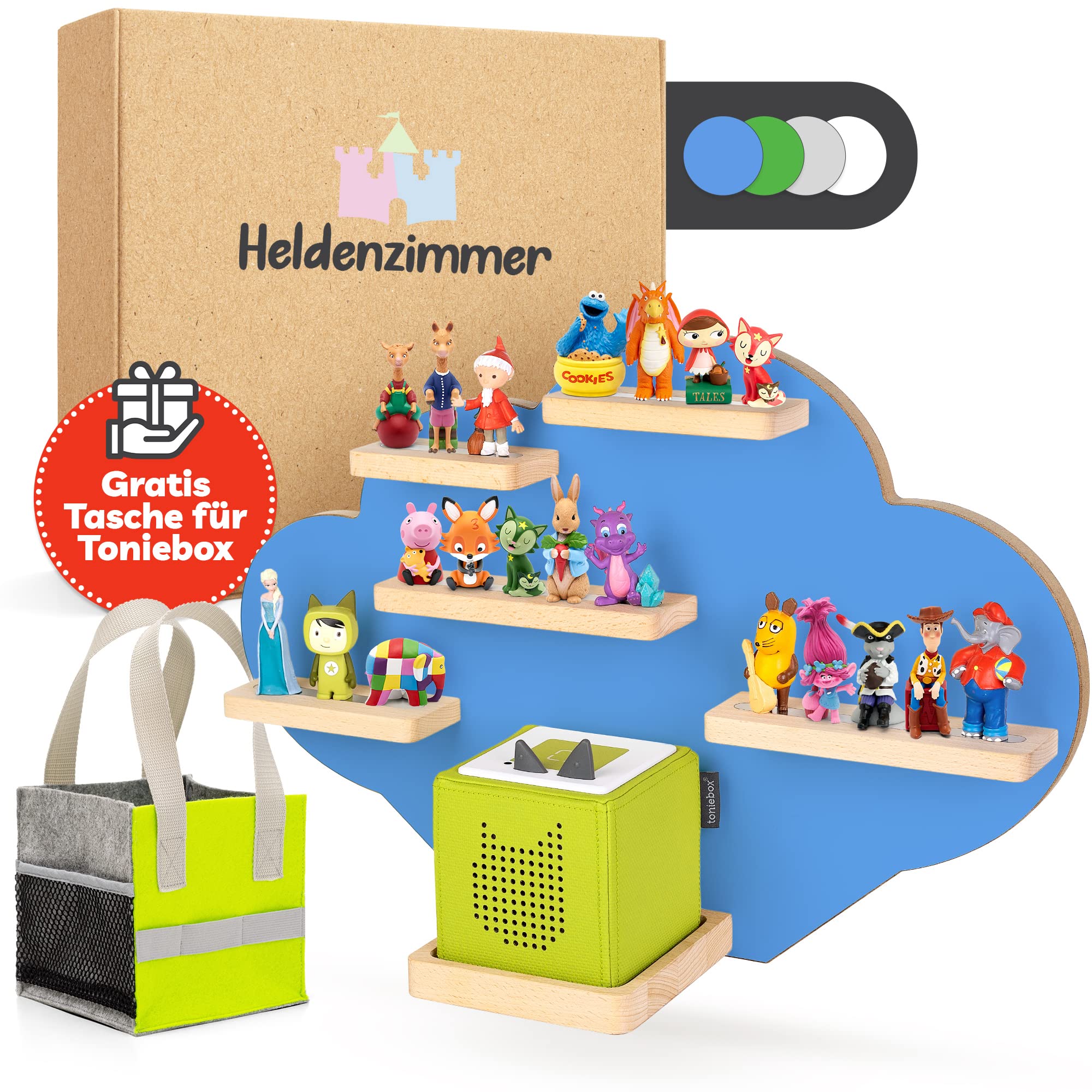 Heldenzimmer - Tonie Regal Wolke Blau [GRATIS Tragetasche] - Für Toniebox Regal bis 20 Figuren - Tonie Regal Mädchen und Junge - Perfekte Tonie Aufbewahrung im Kinderzimmer