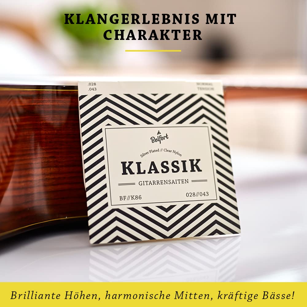 BELFORT® Gitarrensaiten Konzertgitarre, Saiten für klassische Gitarre aus Nylon und Silber, Akustikgitarre (6-Saiten Set) - Inkl. 4 Plektren + extra hoher E-Saite