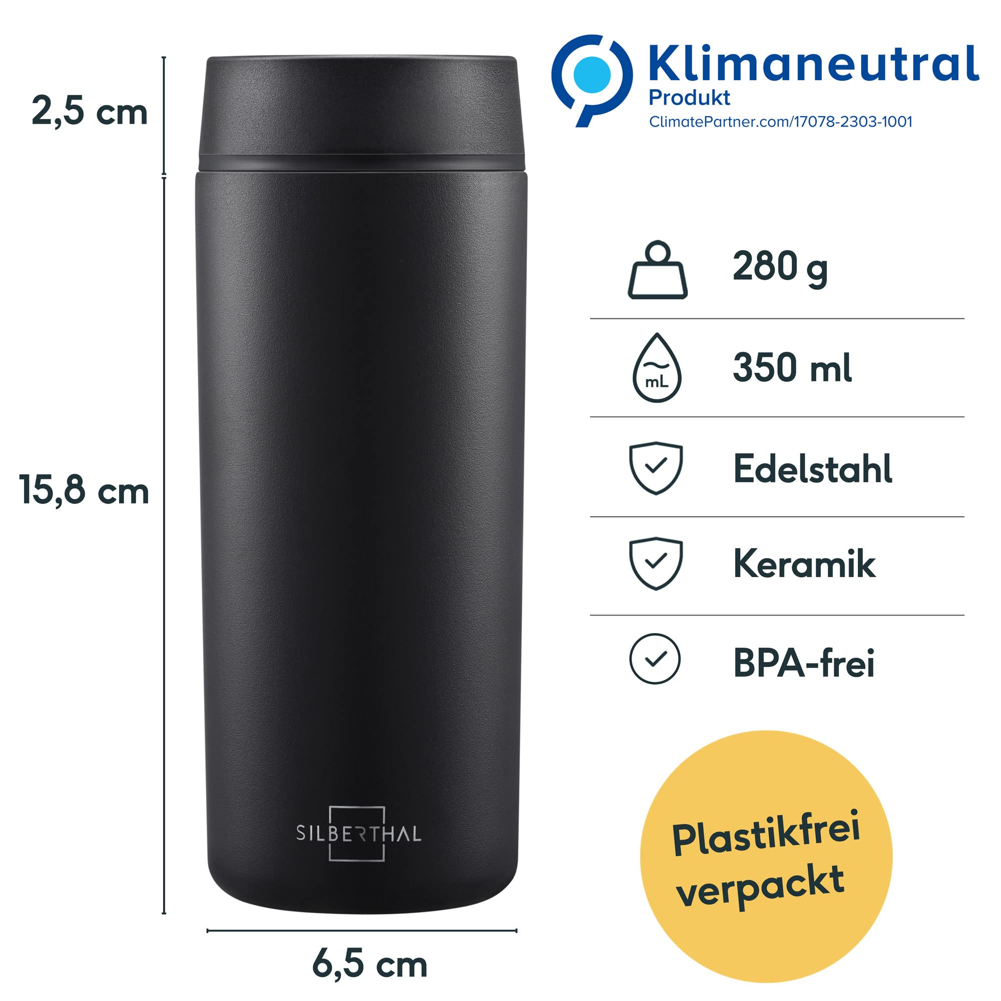 SILBERTHAL Thermobecher 350ml Edelstahl – Auslaufsicherer Kaffeebecher to go mit Keramik – Coffee Cup in Schwarz - Bis zu 6h warm und 12h kalt