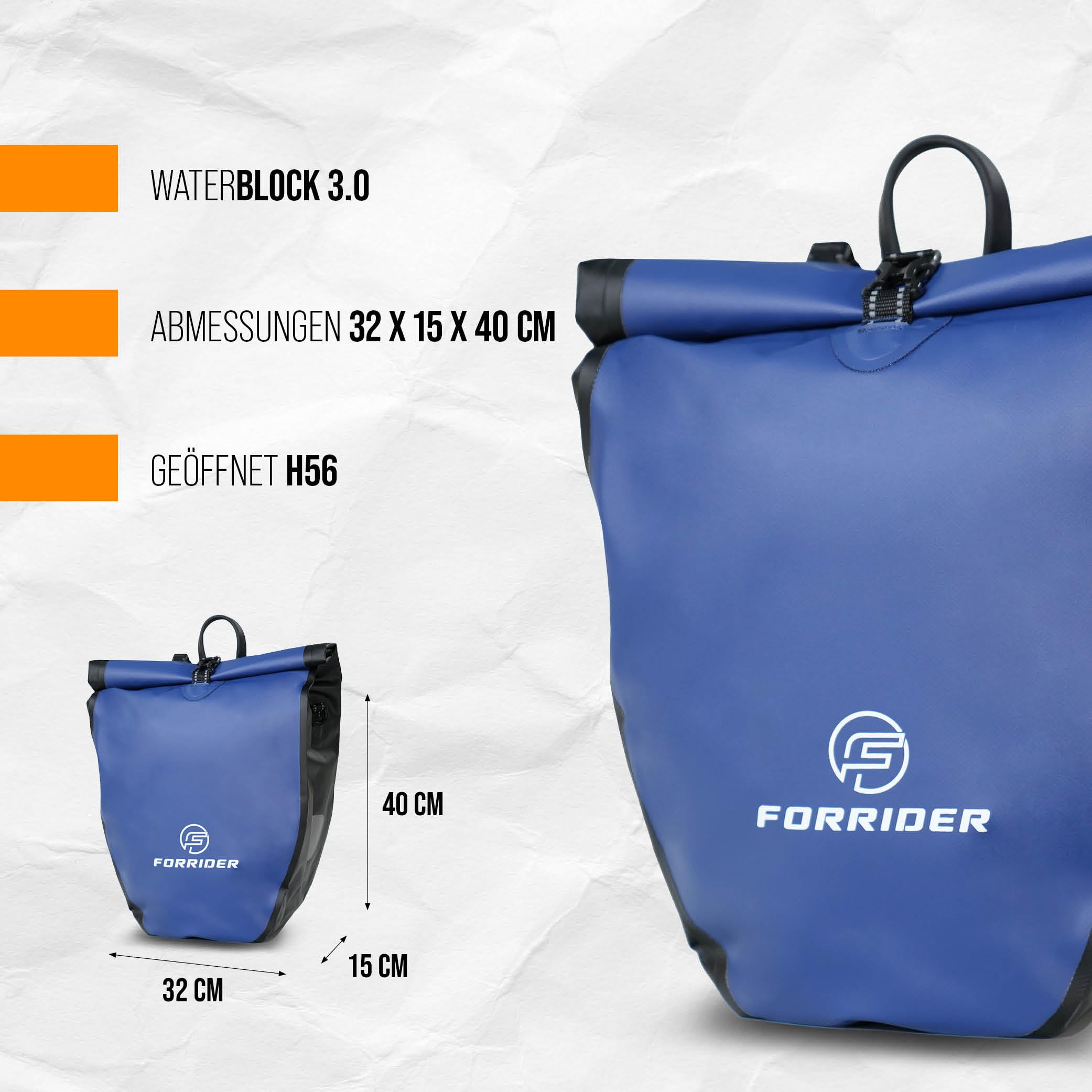 Forrider Fahrradtasche Wasserdicht für Gepäckträger [25L Volumen] mit Schultergurt | Gepäckträgertasche | Einzel | Fahrrad Tasche Packtasche hält an jedem Gepäckträger (Blau, Einzeltasche)