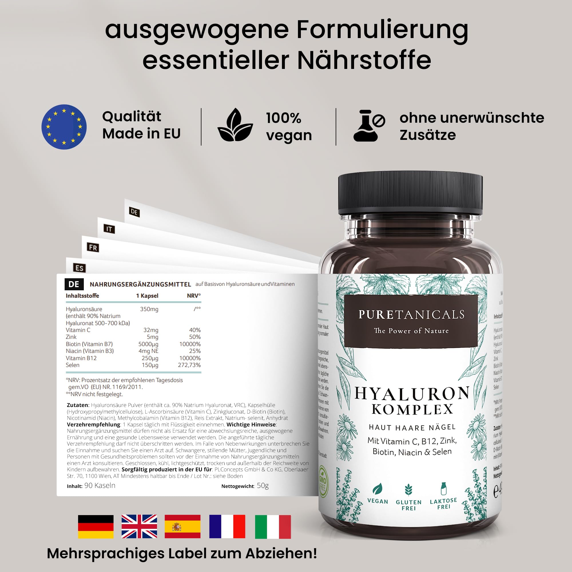 Hyaluronsäure Kapseln | Haut Haare Nägel für Frauen & Männer | Vitamin C, B12, Zink, Biotin, Niacin, Selen | 350mg Hyaluron hochdosiert laborgeprüft | Vegan aus Deutschland ohne Magnesiumstearat