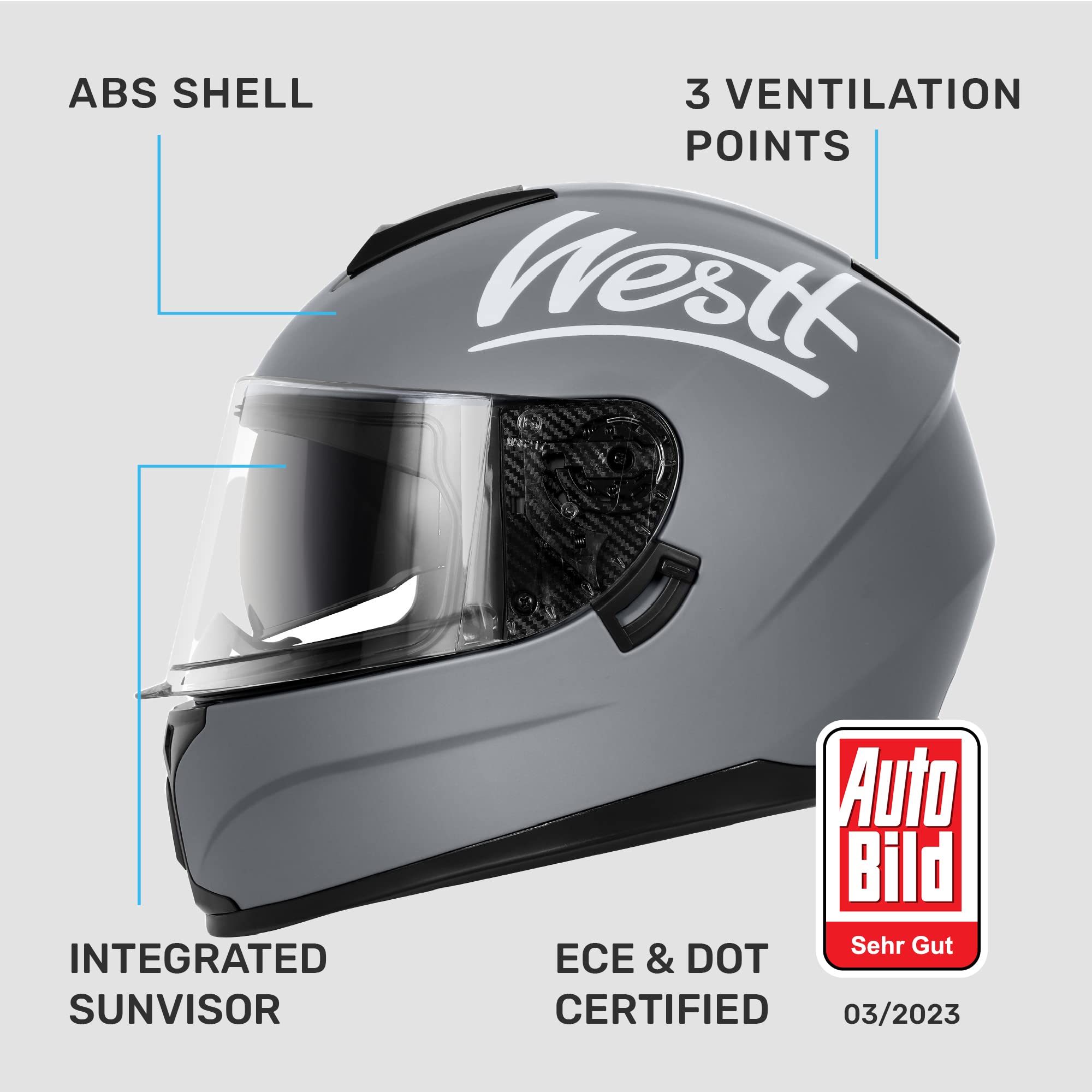 Westt Integralhelm Fullface Helm Motorradhelm mit Doppelvisier Sonnenblende Herren Damen Touring Racing Roller Moped Mofa Scooter Chopper Helm Motorrad mit ECE DOT Zertifizierung, grau, M (55-56 cm)