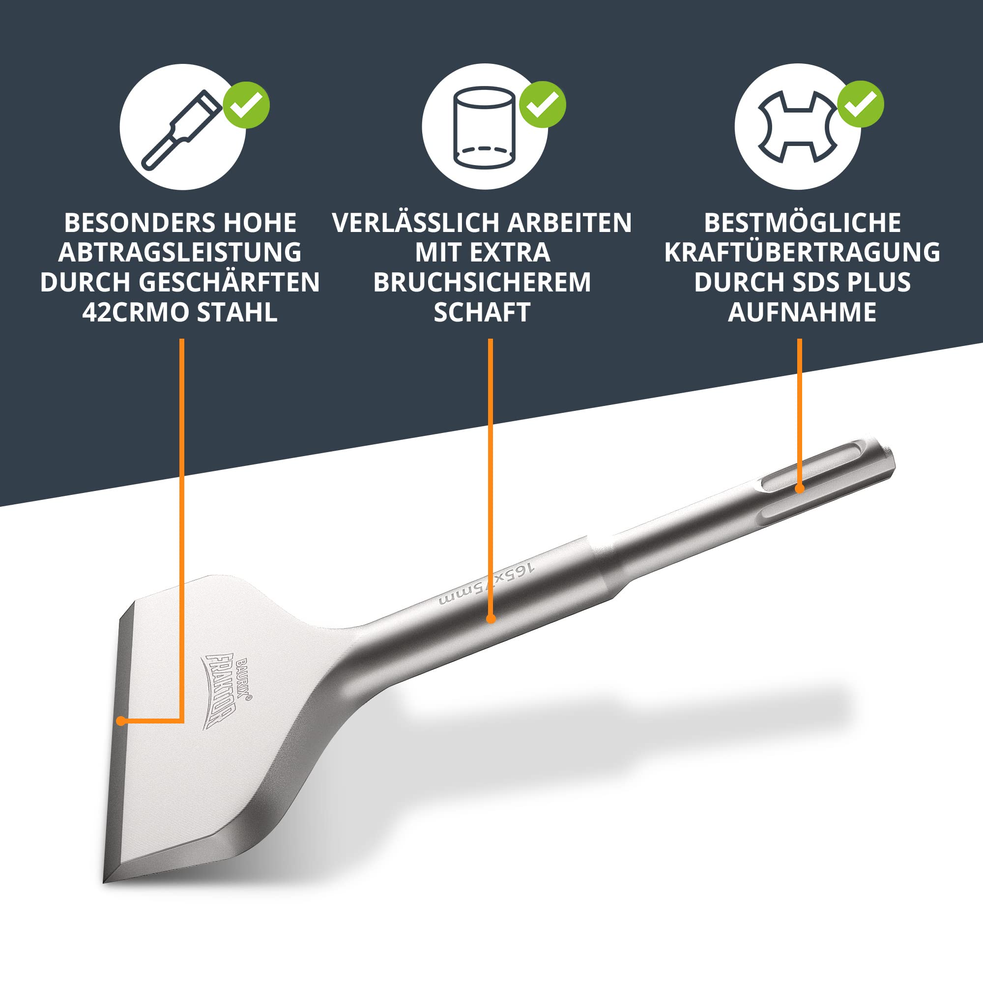 BAURIX® Fliesenmeißel SDS Plus Meißel [165x75 mm] I FRAKTOR®-System - Mühelos Fliesen entfernen I Abgewinkelter Flachmeißel breit für Fliesen und Fliesenkleber I 42CrMo-Spezialstahl