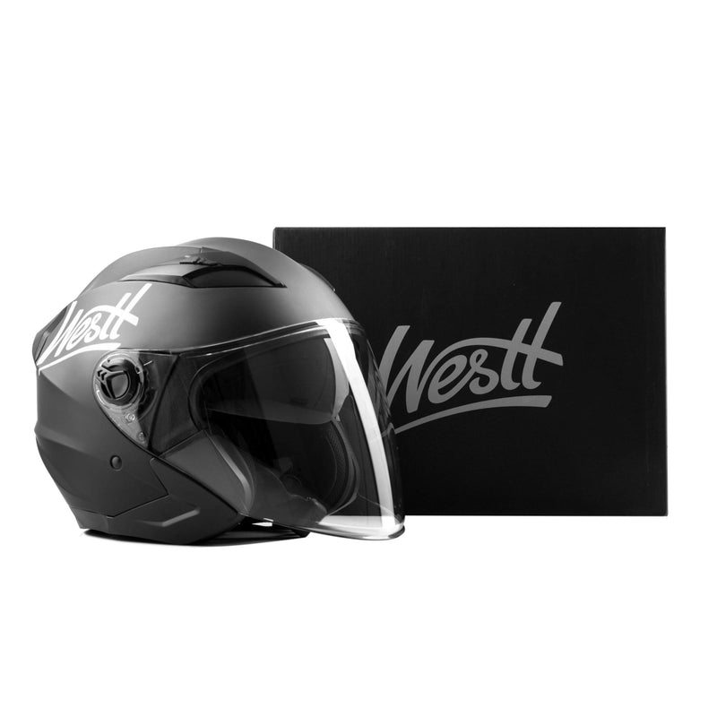 Westt Jethelm mit Visier & Sonnenblende Motorradhelm Herren Damen Rollerhelm Mopedhelm Mofa Chopper Helm Motorrad Halbhelm Open-Face-Helm Pilotenhelm ECE DOT Zertifiziert, matt schwarz, L (57-58 cm)