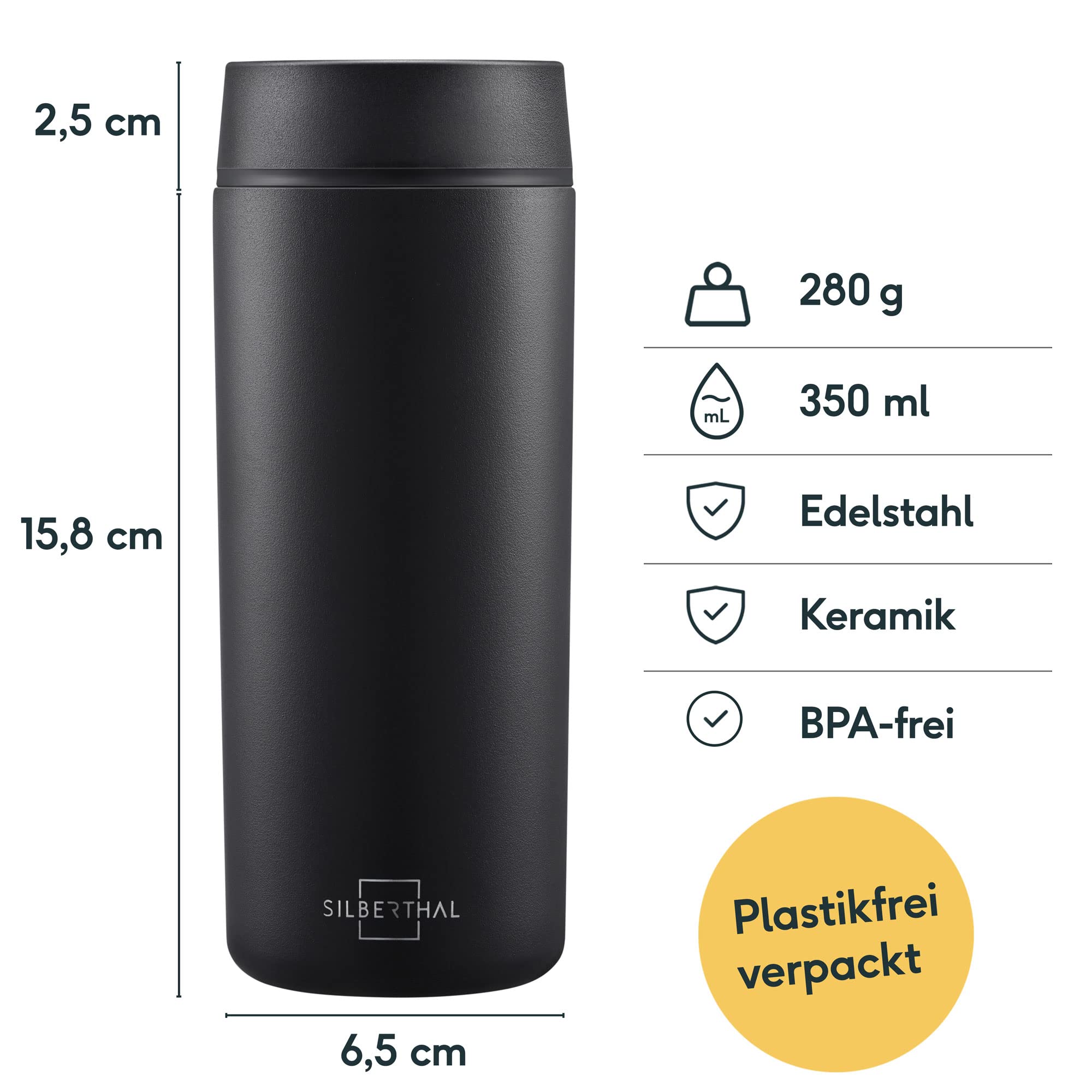 SILBERTHAL Thermobecher 350ml Edelstahl – Auslaufsicherer Kaffeebecher to go mit Keramik – Coffee Cup in Schwarz - Bis zu 6h warm und 12h kalt