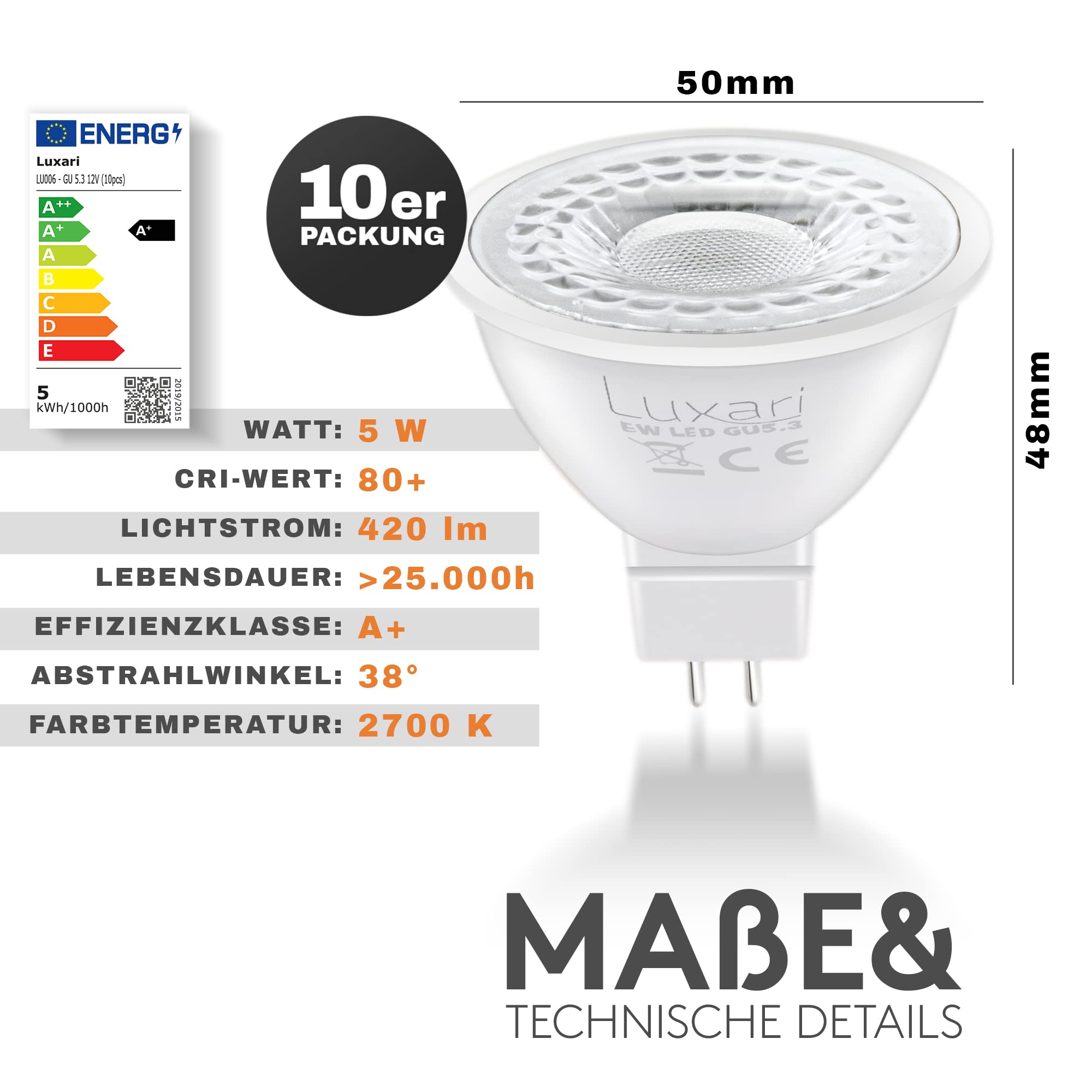 Luxari GU5.3 LED Lampe [5x] − MR16 LED − Entspricht 50W Halogenlampe − LED Leuchtmittel 5W 420lm − GU 5.3 LED Spot mit 2700K warmweiß - 12V LED - LED Spot 12V