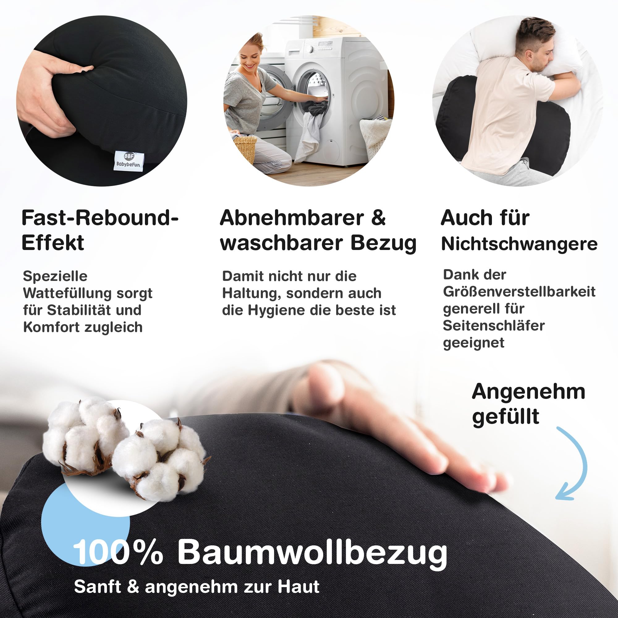 BabybeFun Schwangerschaftskissen [Platzsparend] Pregnancy Pillow für optimale Seitenlage mit Verstellbarer Größe für Schlafkomfort und gegen Rückenschmerzen | Schwarz