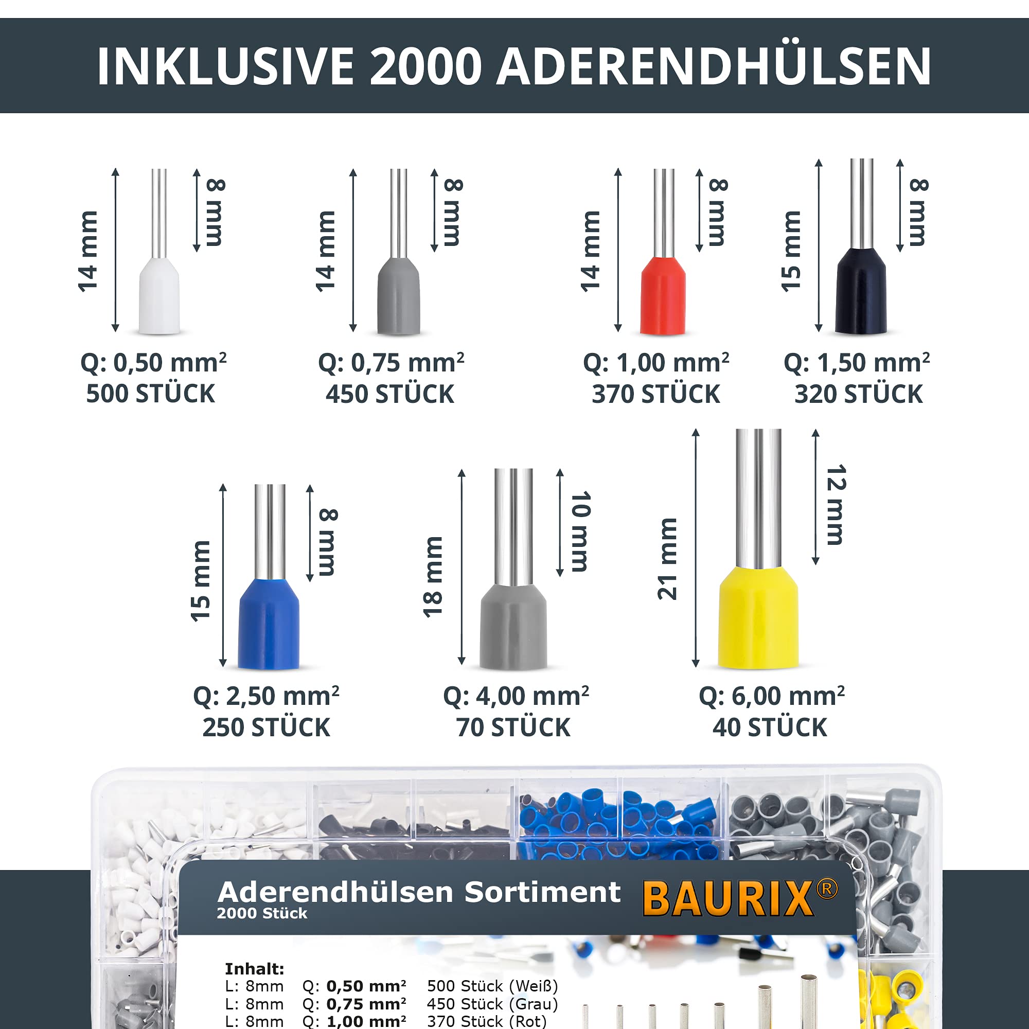 BAURIX® Sechskant Crimpzange mit 2000 Aderendhülsen Set I [0,25-6mm²] Aderendhülsenzange selbsteinstellend I Krimpzange, Crimpzangen, Crimp Zange