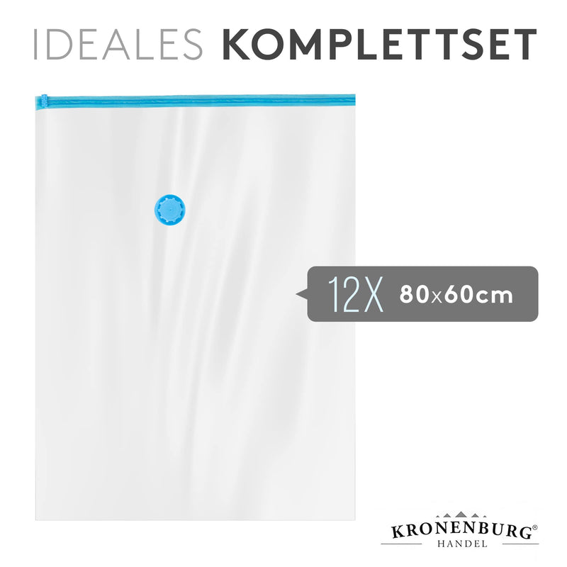 Kronenburg Vakuumbeutel für Kleidung 12er Set 80x60 cm - Vakuum Kleiderbeutel wiederverwendbar - Aufbewahrungsbeutel für Kleidung Bettwäsche Winterkleidung und mehr - weitere Sets wählbar