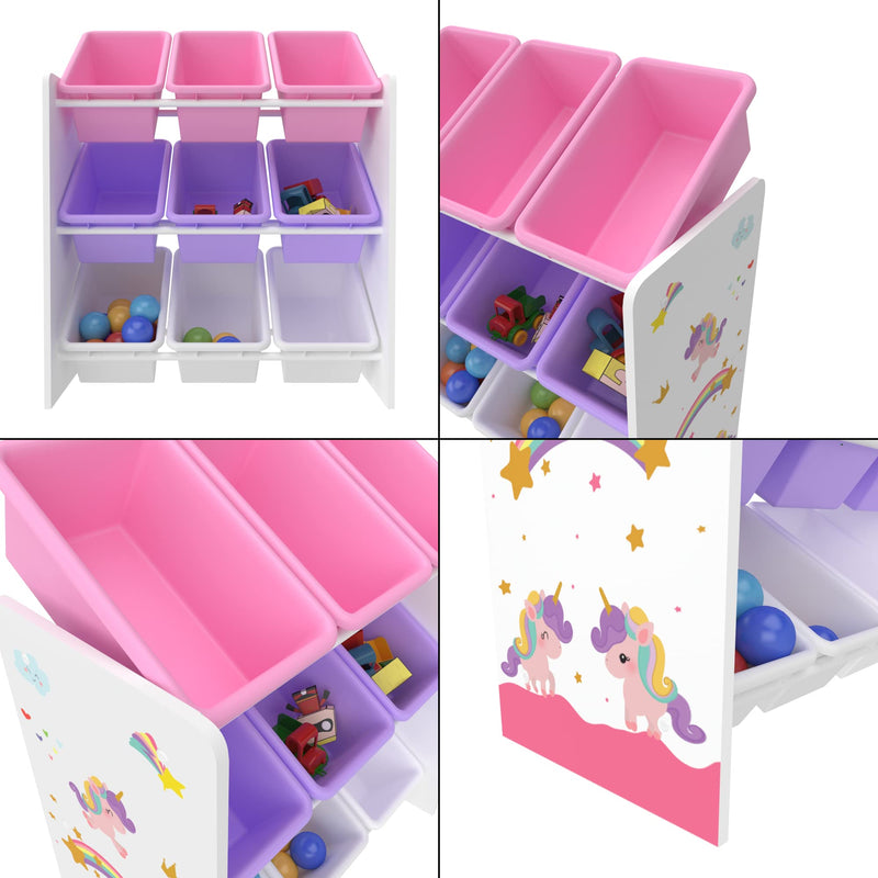 [en.casa] Kinderregal Muxía mit 9 Aufbewahrungsboxen Spielzeugregal mit Einhorn-Motiv Spielregal Weiß Lila Rosa Kinderzimmer Organizer