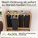 AMBIAVO® Wäschekorb 4 Fächer schwarz mit Rollen [Wäschesäcke aus Baumwolle] - Wäschesammler für Schmutzwäsche | Wäsche Sortiersystem | Wäschesortierer Holz | Wäschebox | Wäschekorb mit Ablage