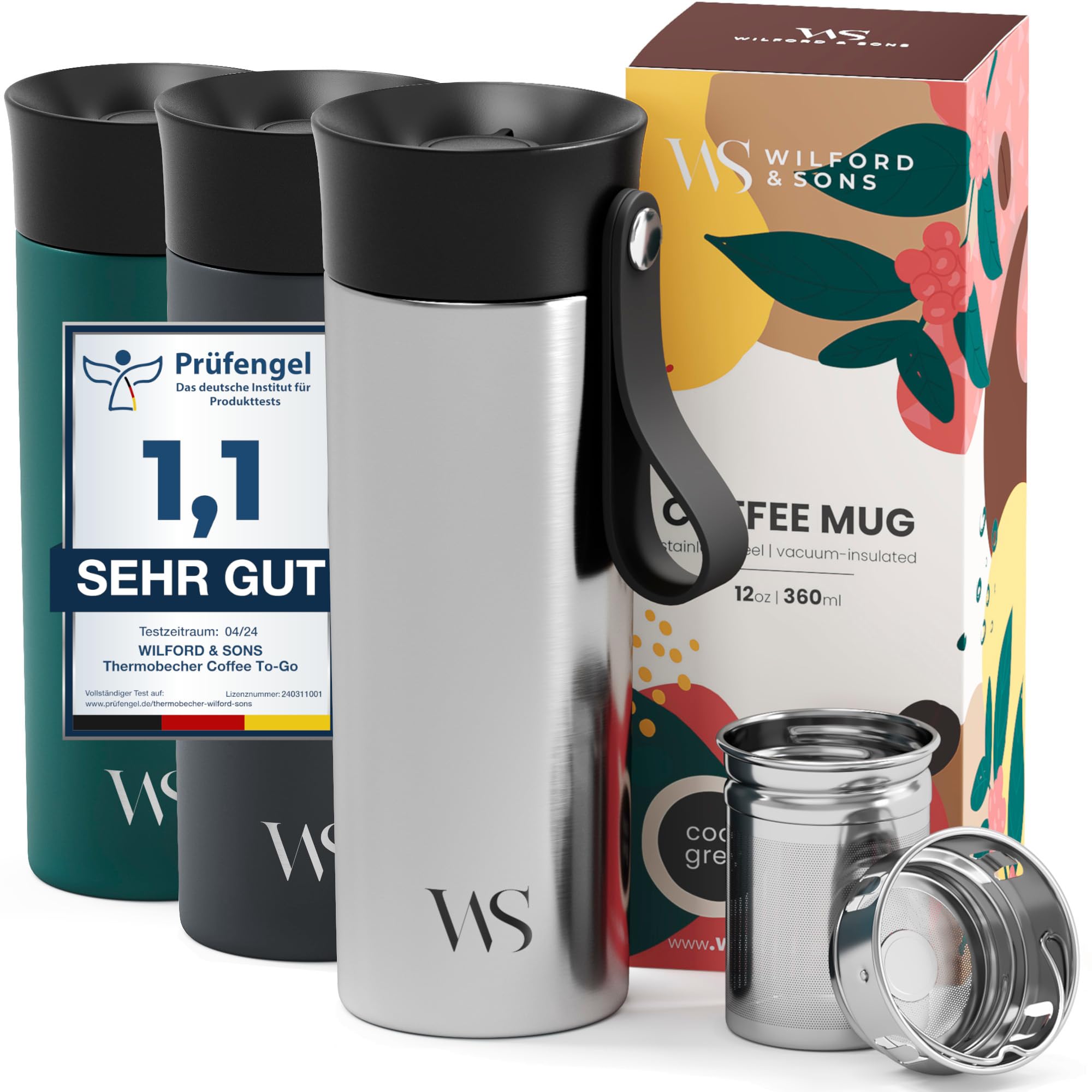 Thermobecher Kaffee To Go Kaffeebecher Edelstahl 360ml + Trageriemen & Tee-Infuser - Trinkbecher Cafe Tee Auslaufsicher BPA-frei | 6h Heiß 10h Kalt Vakuum-Isolierbecher Coffee Travel Mug Thermosbecher