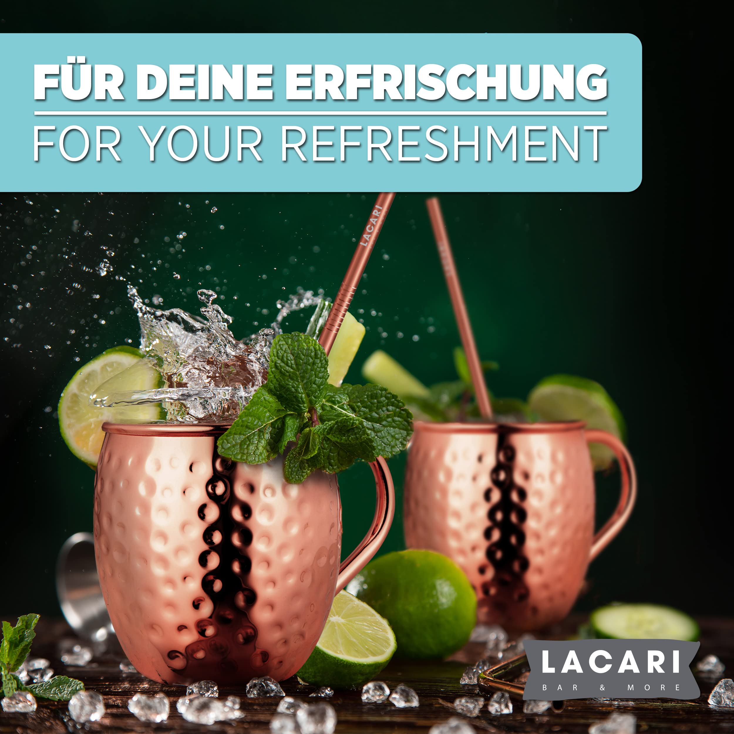 Moscow Mule Becher | Kupferbecher 470ml | Lacari ORIGINAL Set aus 2x Kupferbecher & 2x Strohhalme | Moscow Mule Becher 2er Set | Cocktail Bar Geschenk | Inkl. Moscow Mule E-Book