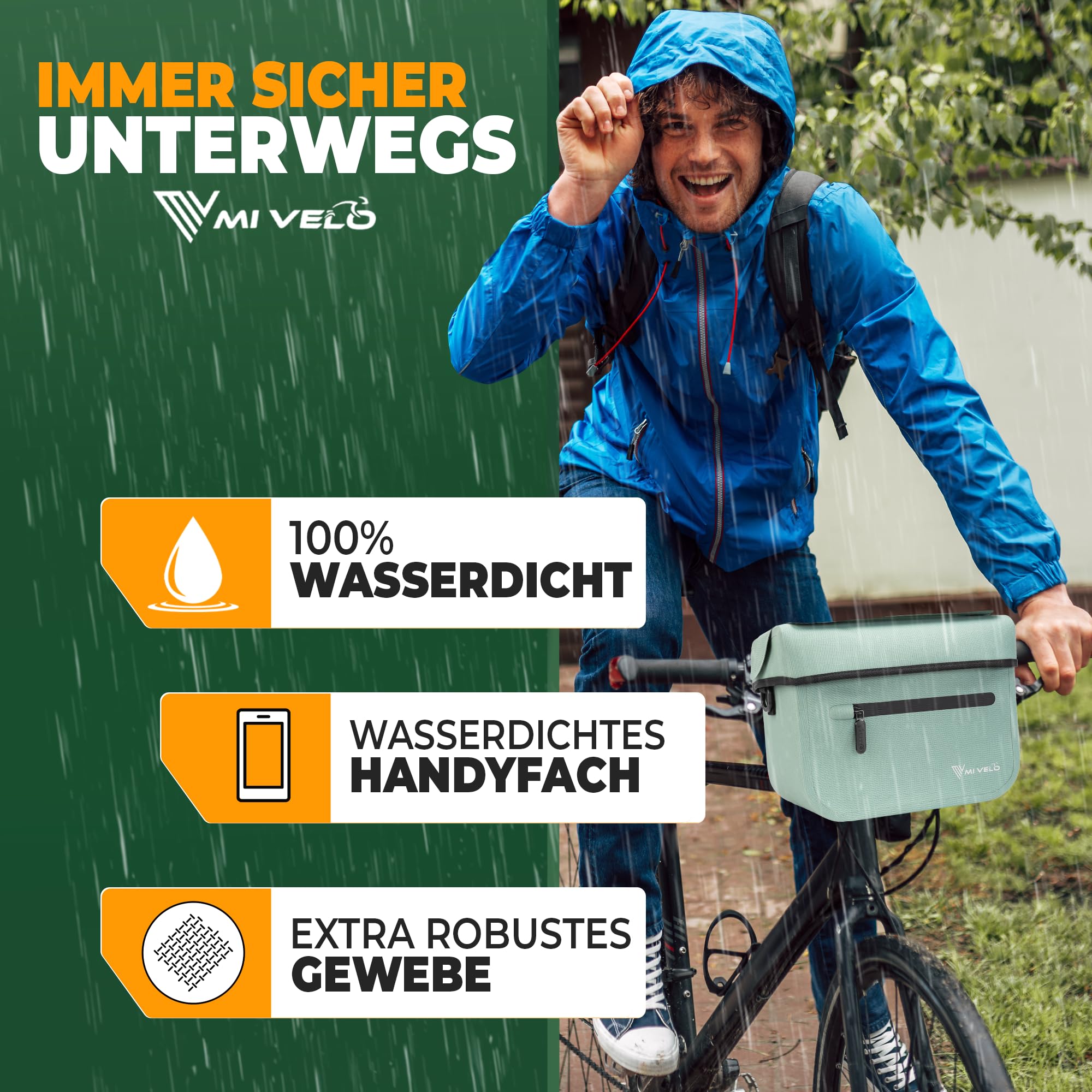 MIVELO Lenkertasche Fahrrad für KLICKfix - 100% wasserdicht - Fahrradtasche Lenker - abnehmbares Handyfach - Lenkertasche - Tasche Lenker - E-Bike tauglich (Mint)