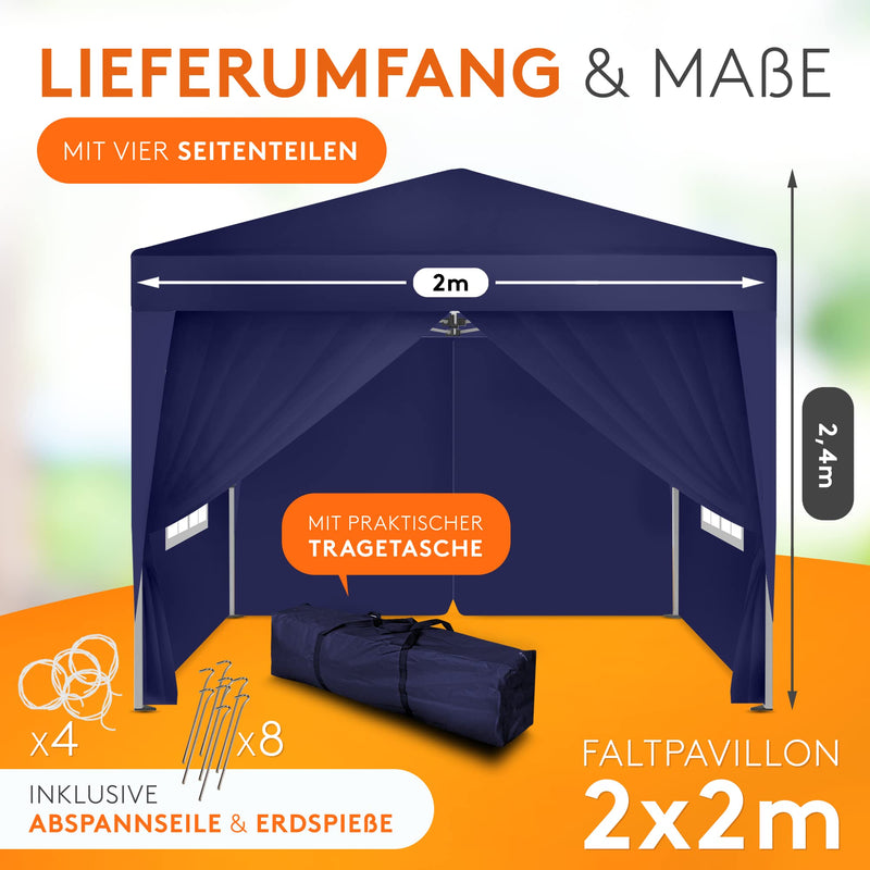 Kronenburg Faltpavillon wasserdicht Dachmaß 2 x 2 m UV Schutz 50+ Pavillon in Blau mit 4 Seitenteilen