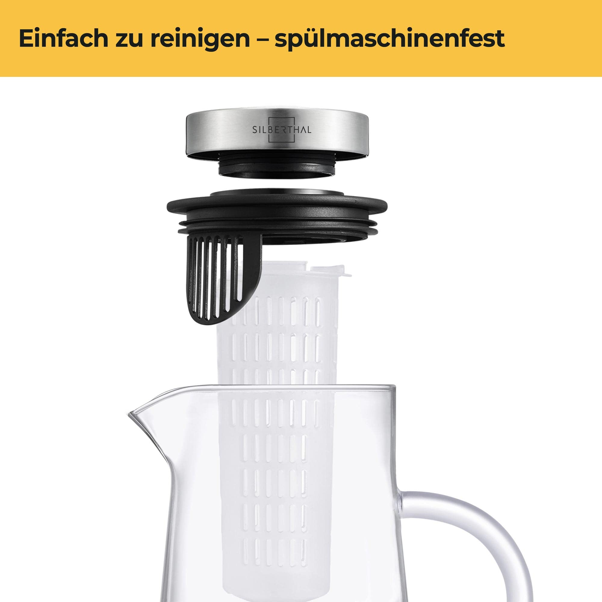 SILBERTHAL Glaskaraffe mit Fruchteinsatz 2 Liter - Wasserkaraffe mit Deckel - Spülmaschinenfest