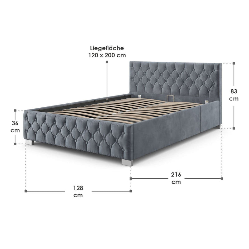 Juskys Polsterbett Nizza 180x200 cm - Bettgestell mit Lattenrost, Bettkasten & LED Beleuchtung - Bett mit Samtbezug & Chesterfield-Steppung - Dunkelgrau