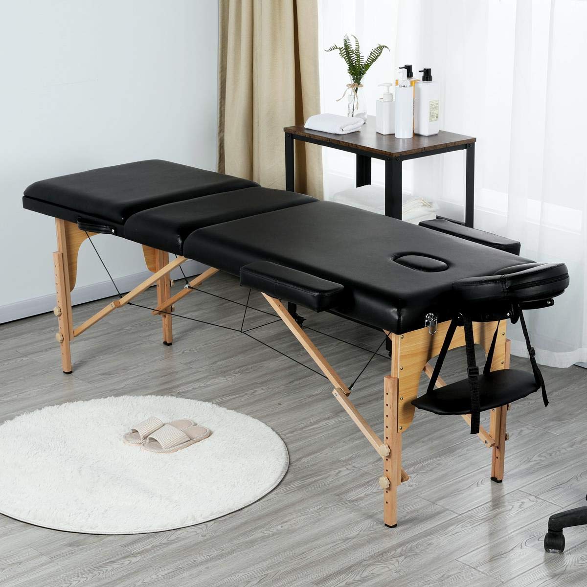 Yaheetech 3-Zonen Massageliege Tragbare Massagebank Höhenverstellbarer Massagetisch mit Kopfstütze und Abnehmbare Armlehnen für Physiotherapie, Schwarz