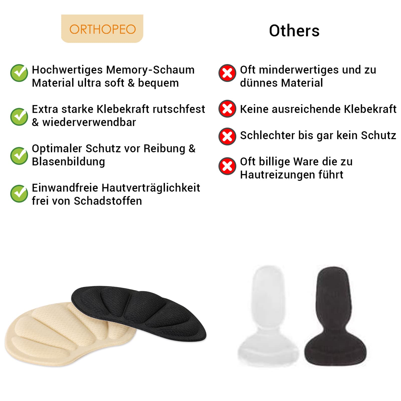 ORTHOPEO Fersenpolster I Schuheinlagen gegen Blasen & Reibung I 6 Paare I Fersenschoner I Fersenkissen Herren & Damen I Antirutsch bei großen Schuhen & High Heels I Schuhpolster I Extra Volumen