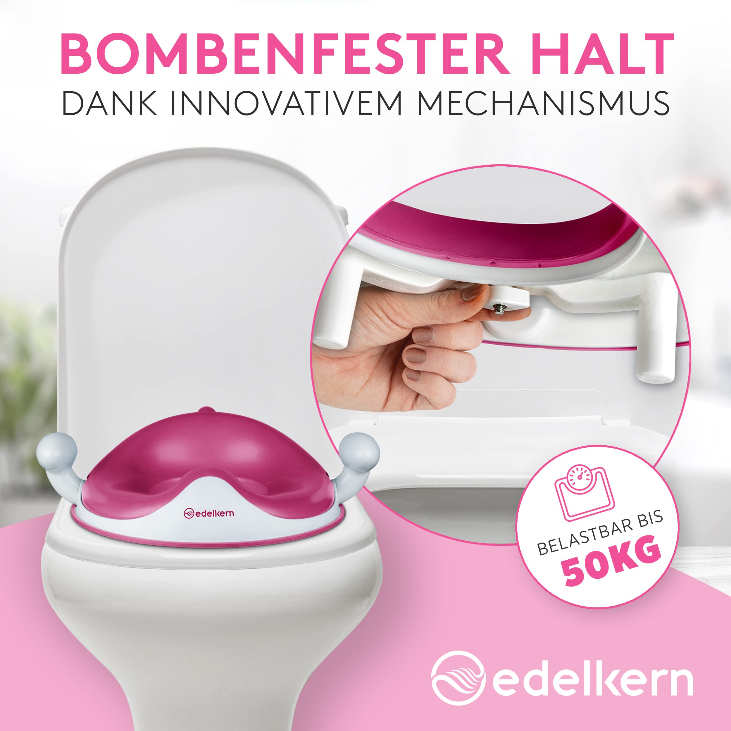 Edelkern Toilettensitz Kinder - Ergonomischer WC Sitz Kinder [bis 50kg] - Universeller Toilettenaufsatz Kinder mit Griffen [ab 3 J.] - Sicherer Klositz für Kinder mit Spritzschutz - Mit Aufhängehaken