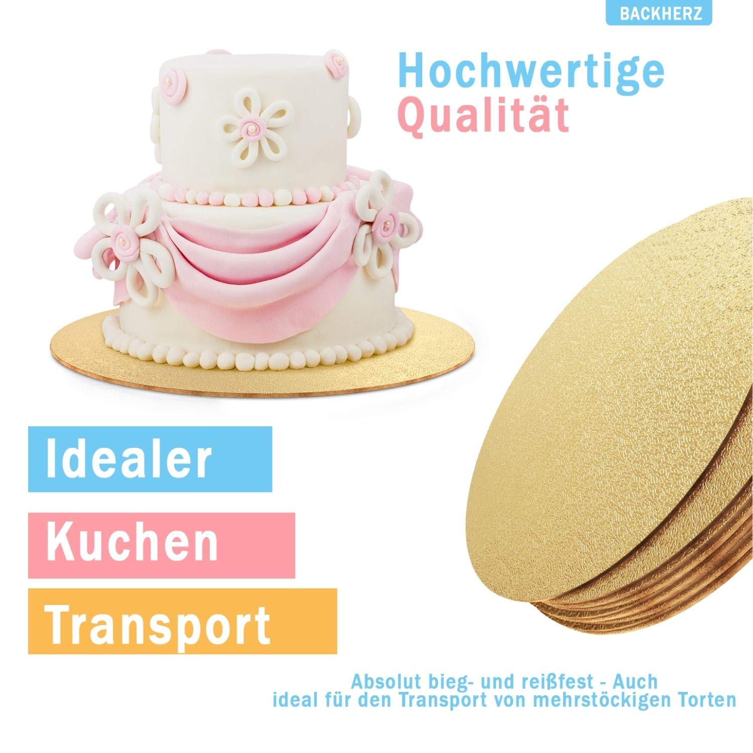 BACKHERZ© Premium Tortenunterlage rund 4 er Set - Ø 15 + 20 + 25 + 30 cm - Cakeboard rund Tortenpappe Tortenplatte - 3 mm Dick - Lebensmittelecht - Für Transport und Deko