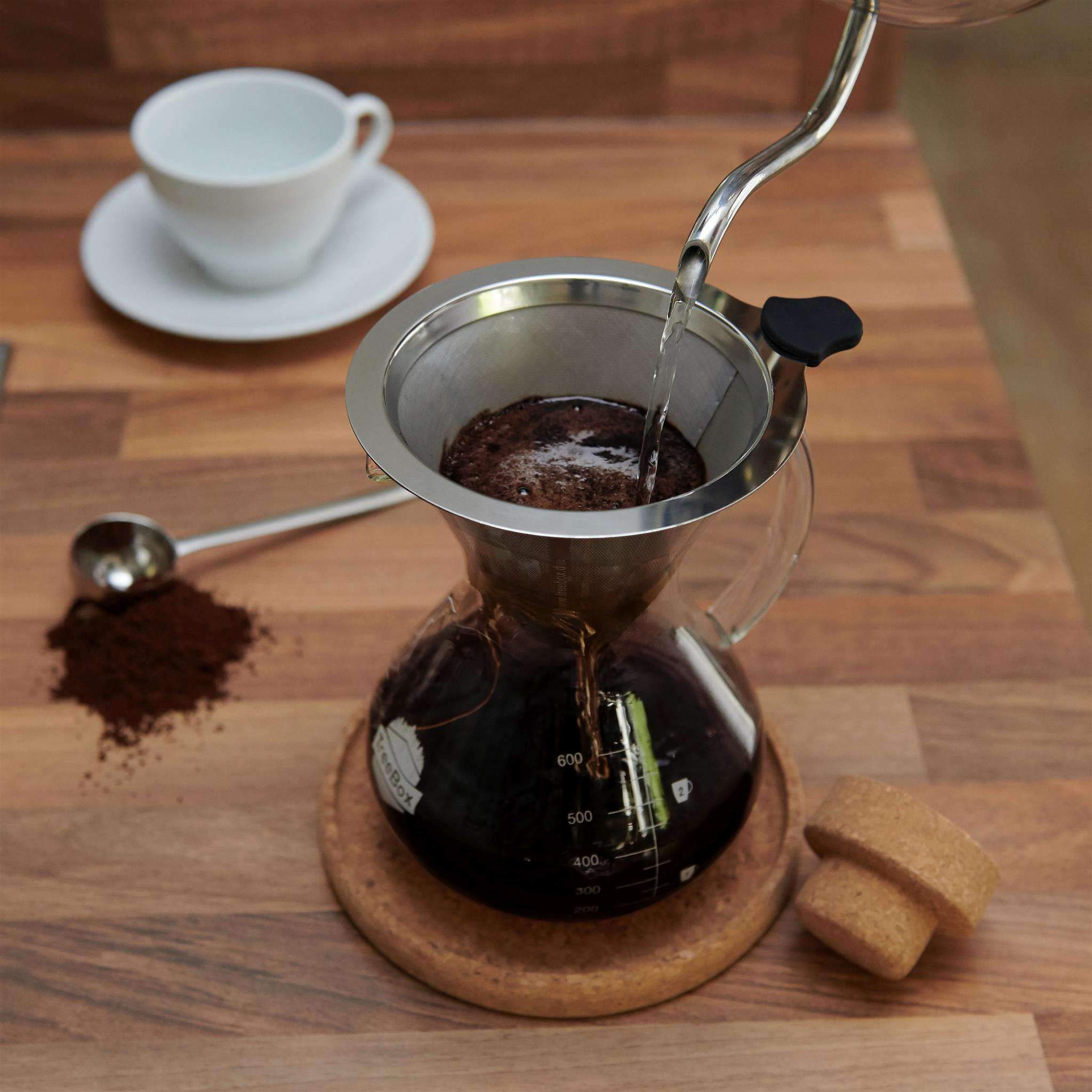 TreeBox Pour Over Kaffeebereiter Set - Mit Extra Dickem Borosilikatglas und Dauerfilter aus Edelstahl für Langen und Aromatischen Kaffeegenuss