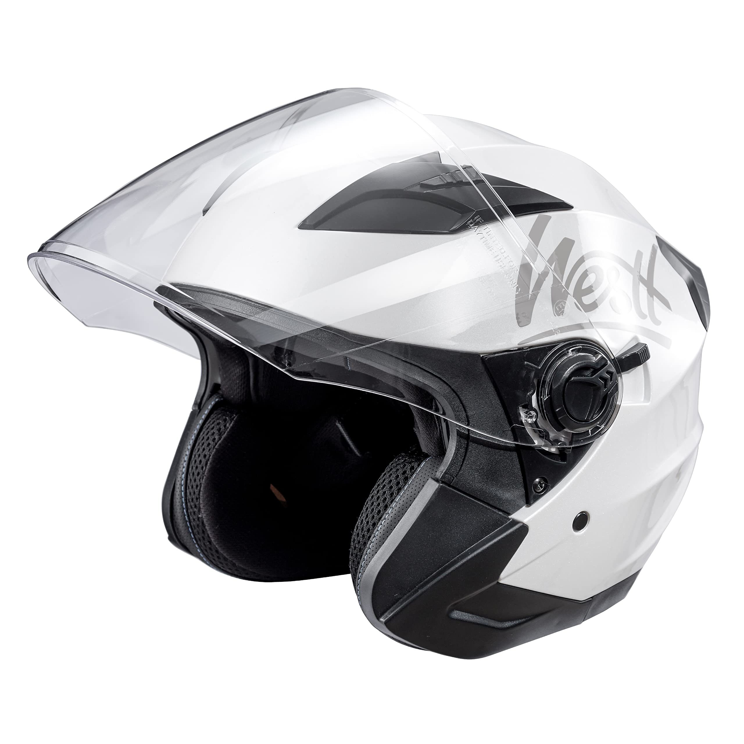 Westt Jethelm mit Visier & Sonnenblende Motorradhelm Herren Damen Rollerhelm Mopedhelm Mofa Chopper Helm Motorrad Halbhelm Open-Face-Helm Pilotenhelm ECE DOT Zertifiziert, weiß metallic, L (57-58 cm)