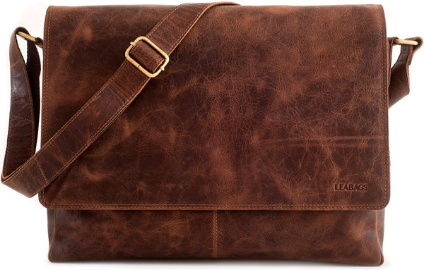 LEABAGS Leder Umhängetasche Herren & Damen I Messenger Bag mit Schultergurt I Echtleder Laptoptasche bis 15 Zoll I Schultertasche I Arbeitstasche I Tragetasche I Handtasche I Vintage Cognac