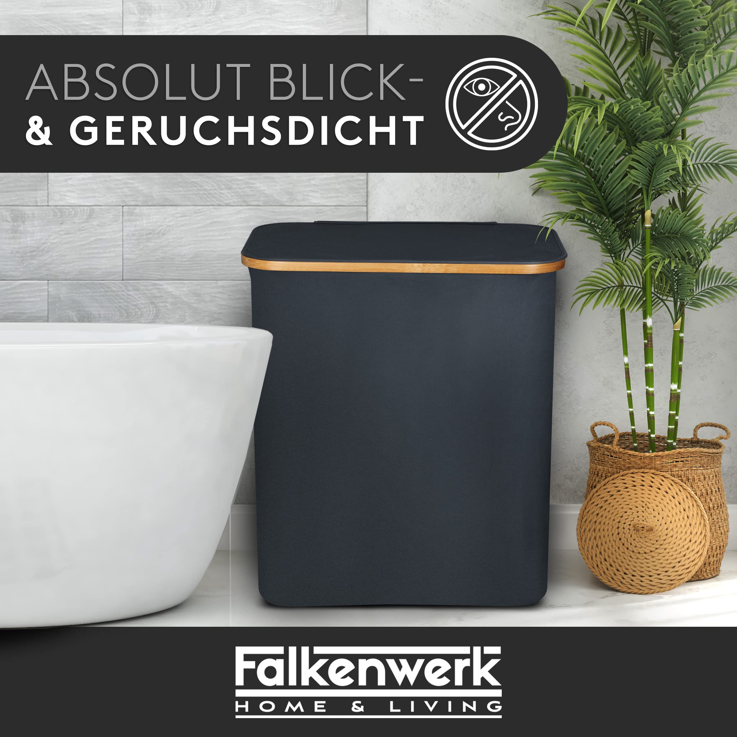 FALKENWERK Wäschekorb mit Deckel 145L - Wasserabweisender Wäschesammler 3 Fächer & herausnehmbaren Wäschesäcke - Faltbare Wäschebox mit Waschhinweisen - Wäschekorb 3 Fächer