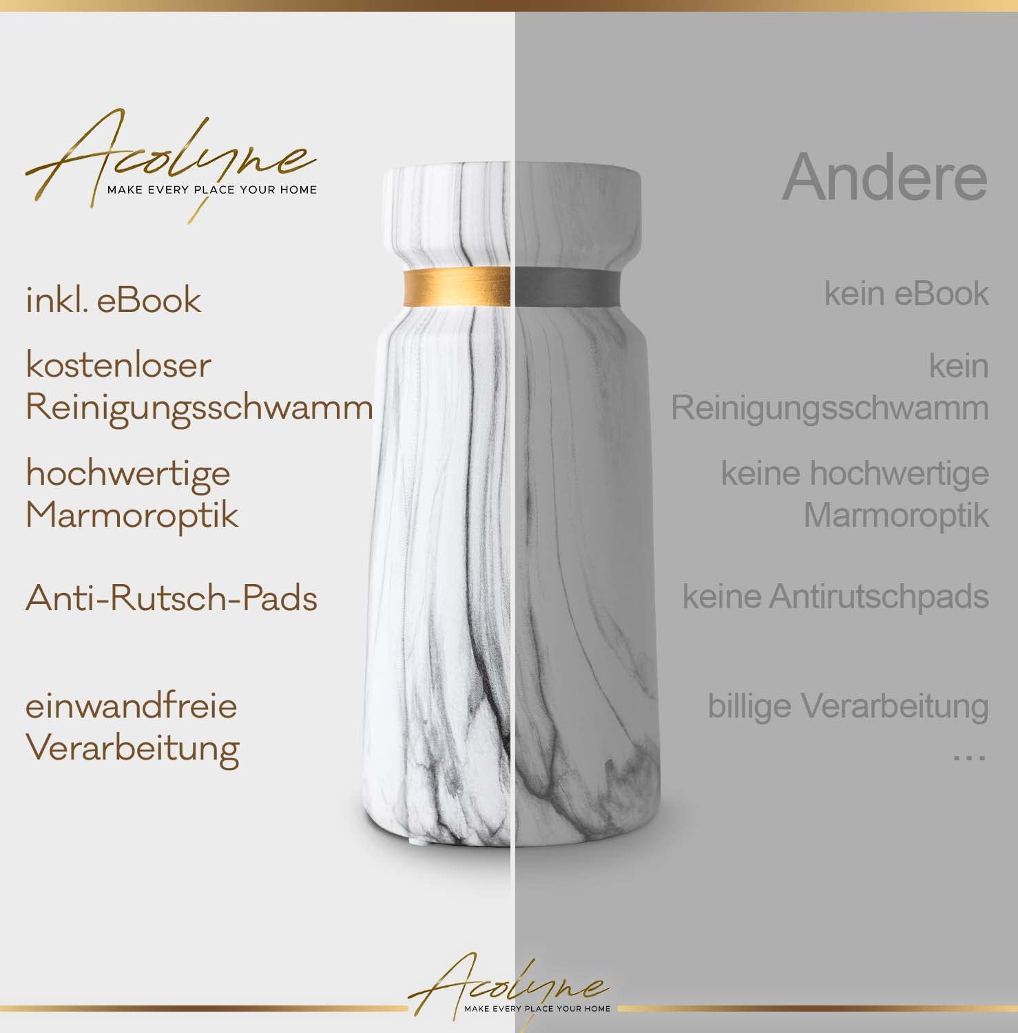 𝐀𝐜𝐨𝐥𝐲𝐧𝐞® Vase für Pampasgras aus Hochwertiger Keramik [MIT REINIGUNGSSCHWAMM & EBOOK] als Moderne Blumenvase in Weiß-Gold | Bodenvase Groß in Marmor-Optik | Vase Weiß