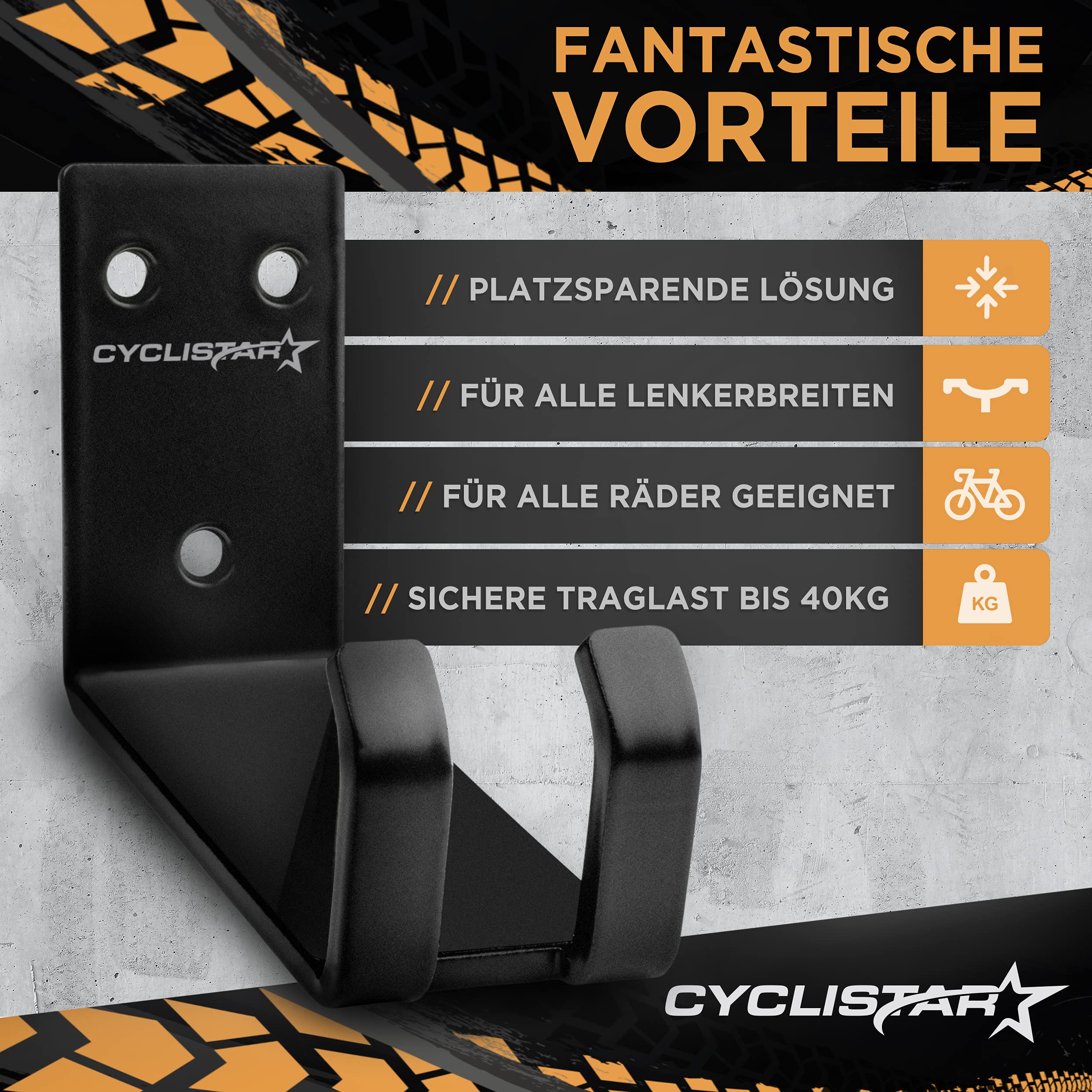 CYCLISTAR Fahrrad Wandhalterung bis 40kg − Robuste Fahrradhalterung Wand für MTB, Rennrad, E-Bike − Fahrradhalter Wand Pedalaufhängung +2x Stützwinkel