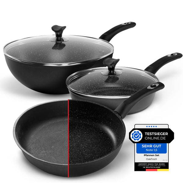 Oakfire Pfannen-Set 3-teilig 24cm, 28cm Bratpfanne, 30cm Wokpfanne hoher Rand mit Deckel | Induktion geeignet | Antihaft Beschichtung | Non-Stick