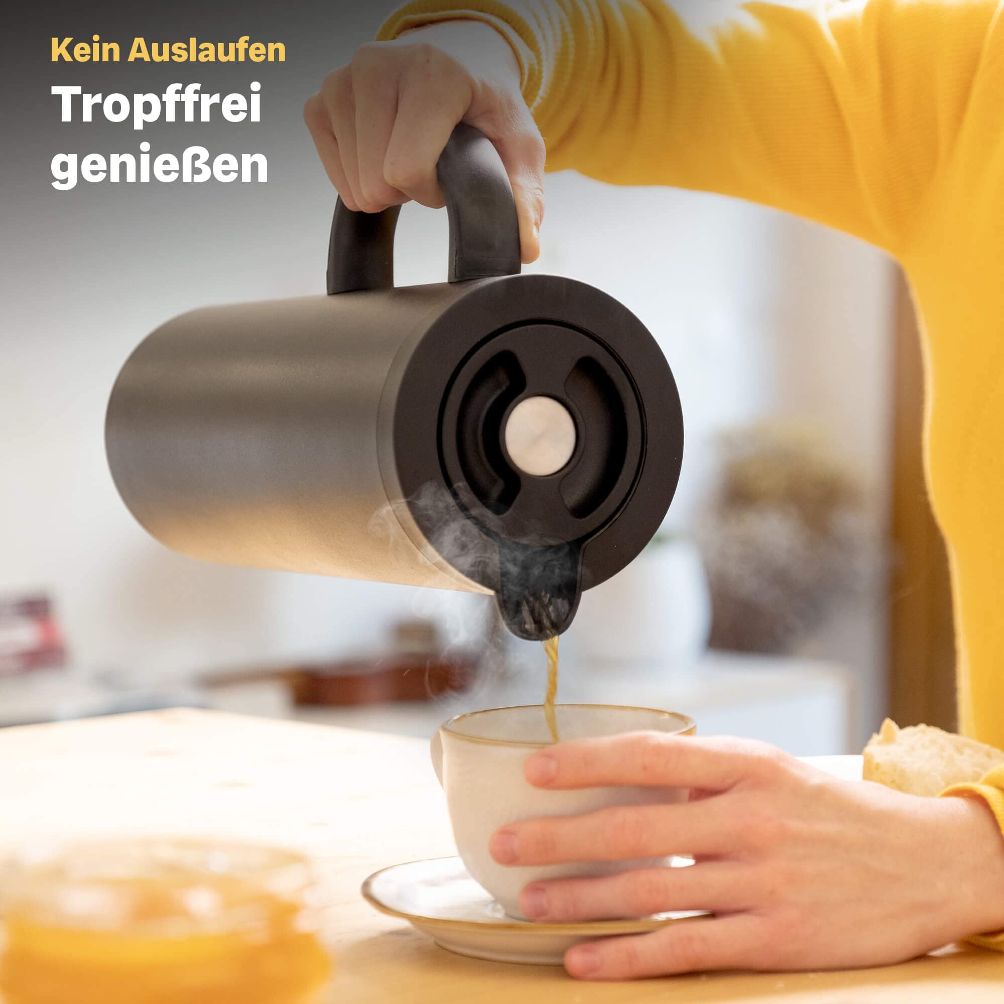 SILBERTHAL Thermoskanne 1l Edelstahl - Doppelwandige Isolierkanne mit Drehverschluss & Glaseinsatz - Moderne Kaffeekanne in Schwarz Matt