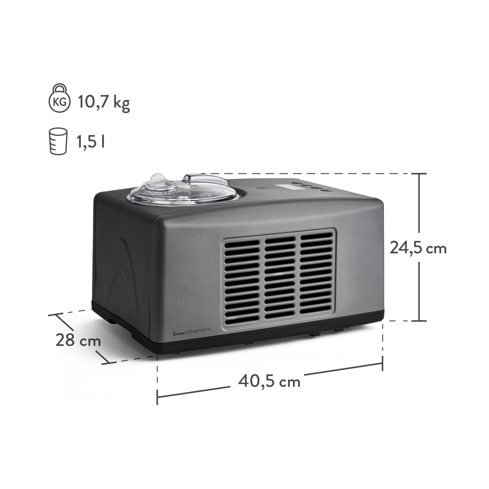 SPRINGLANE Eismaschine Emma 1,5 L mit selbstkühlendem Kompressor 150 W, Eiscrememaschine aus Edelstahl mit entnehmbarem Eisbehälter, inkl. Rezeptheft