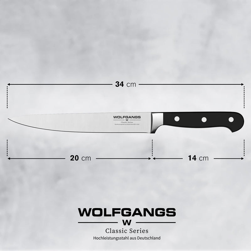 Wolfgangs hochwertiges Tranchiermesser | Qualitäts-Fleischmesser extrem scharf | Filetiermesser Fleisch besonders langlebig | Scharfes Fleischmesser mit 100% rostfreier Edelstahlklinge (schwarz)