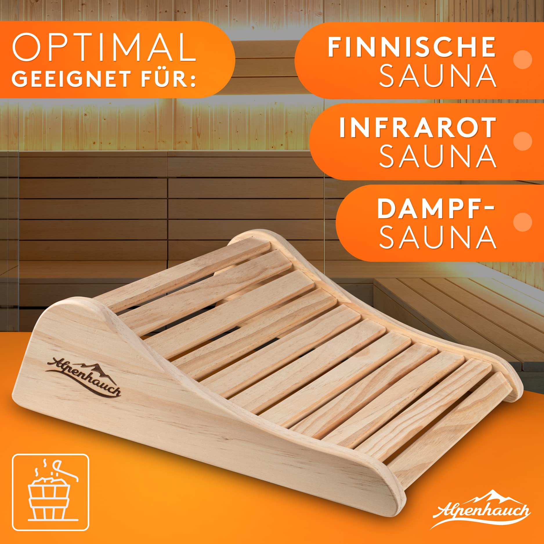 ALPENHAUCH Sauna Kopfstütze Holz [100% Naturholz] - Ergonomische Saunakopfstütze Holz - Edles Sauna Zubehör Infrarotkabine - Komfortable & breite Kopfstütze Sauna Holz für Sauna & Infrarotkabine