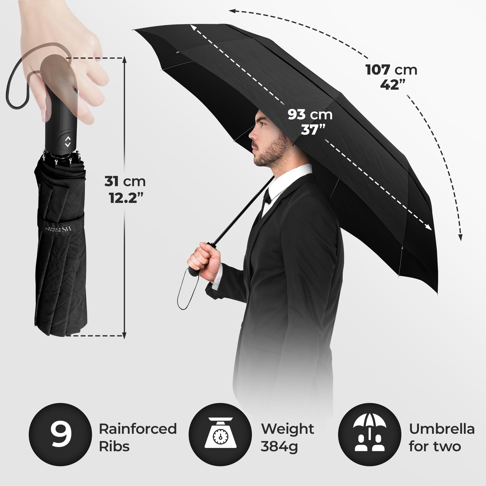 Regenschirm Taschenschirm Sturmfest + Auf-Zu Automatik & Schirm-Tasche, Schwarz | Herren Damen Reiseschirm - Kompakt Stabil, Teflon Wind- & Regen- Dicht | Taschenregenschirm Golfschirm Umbrella