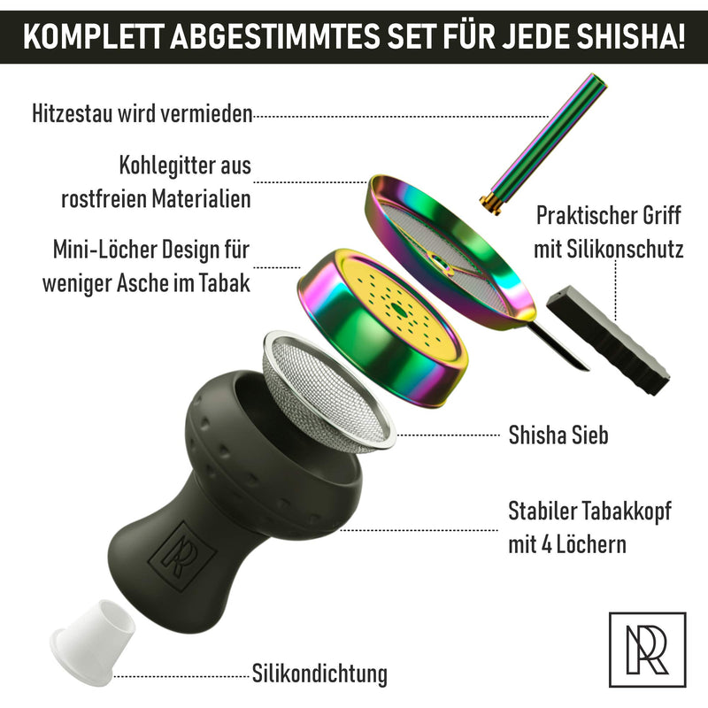 Shisha Kopf Set mit Kaminaufsatz – schwarz Tonkopf Hergestellt In Handarbeit für MEHR Rauch inkl. buntem FLIC FLAC Kamin Aufsatz + Shisha Sieb + Kopfdichtung - Zubehör Set (Regenbogen)