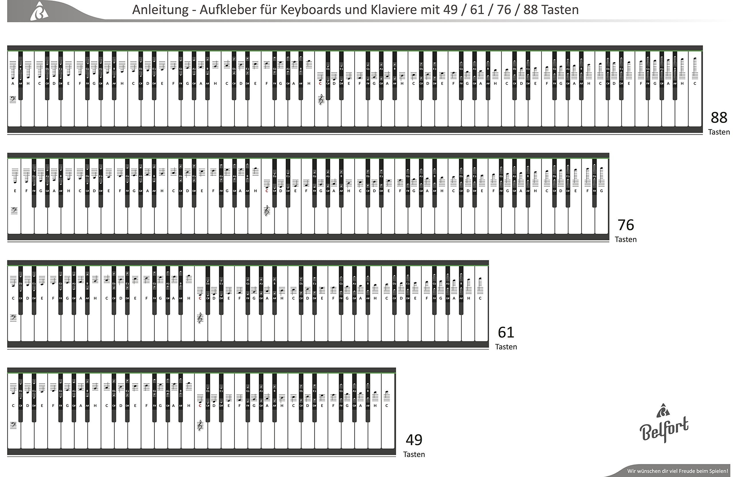 BELFORT® Klavier + Keyboard Noten-Aufkleber für 49 | 61 | 76 | 88 Tasten + Ebook | Piano Sticker Komplettsatz für schwarze + weisse Tasten | C-D-E-F-G-A-H | Einfache deutsche Anleitung