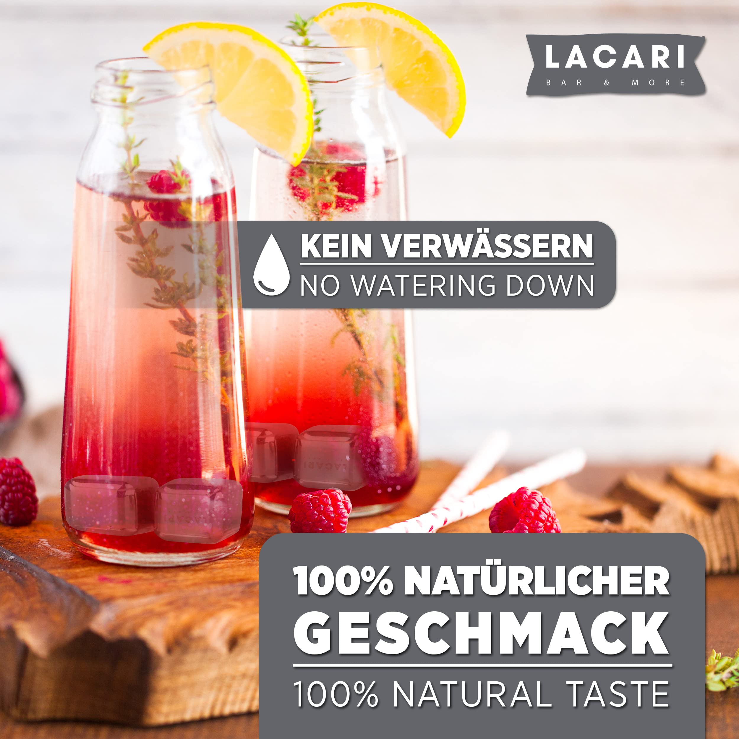 Wiederverwendbare Eiswürfel | 8x Edelstahl Eiswürfel | Lacari ORIGINAL Eiswürfel wiederverwendbar | Ice Cube für Gin, Rum, Limonade | Whisky Steine mit Zange & Stoffbeutel | Geschenk Geburtstag