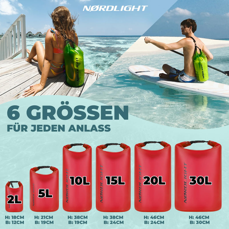 Nordlight Dry Bag 2L Wasserdichter Beutel - (Rot) Wasserdichter Packsack Mit Roll Top Verschluss Und Schultergurt | Schwimmen, Baden, Strand, Kanu, Stand Up Paddling, Tauchen