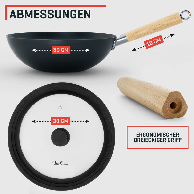 Uno Casa Wokpfanne aus Karbonstahl - 30.5 cm Antihaft Wok Pfanne mit Deckel und Flachem Boden - Wokpfanne Induktion für Innen- und Außen - Abnehmbarer Holzgriff im Lieferumfang Enthalten