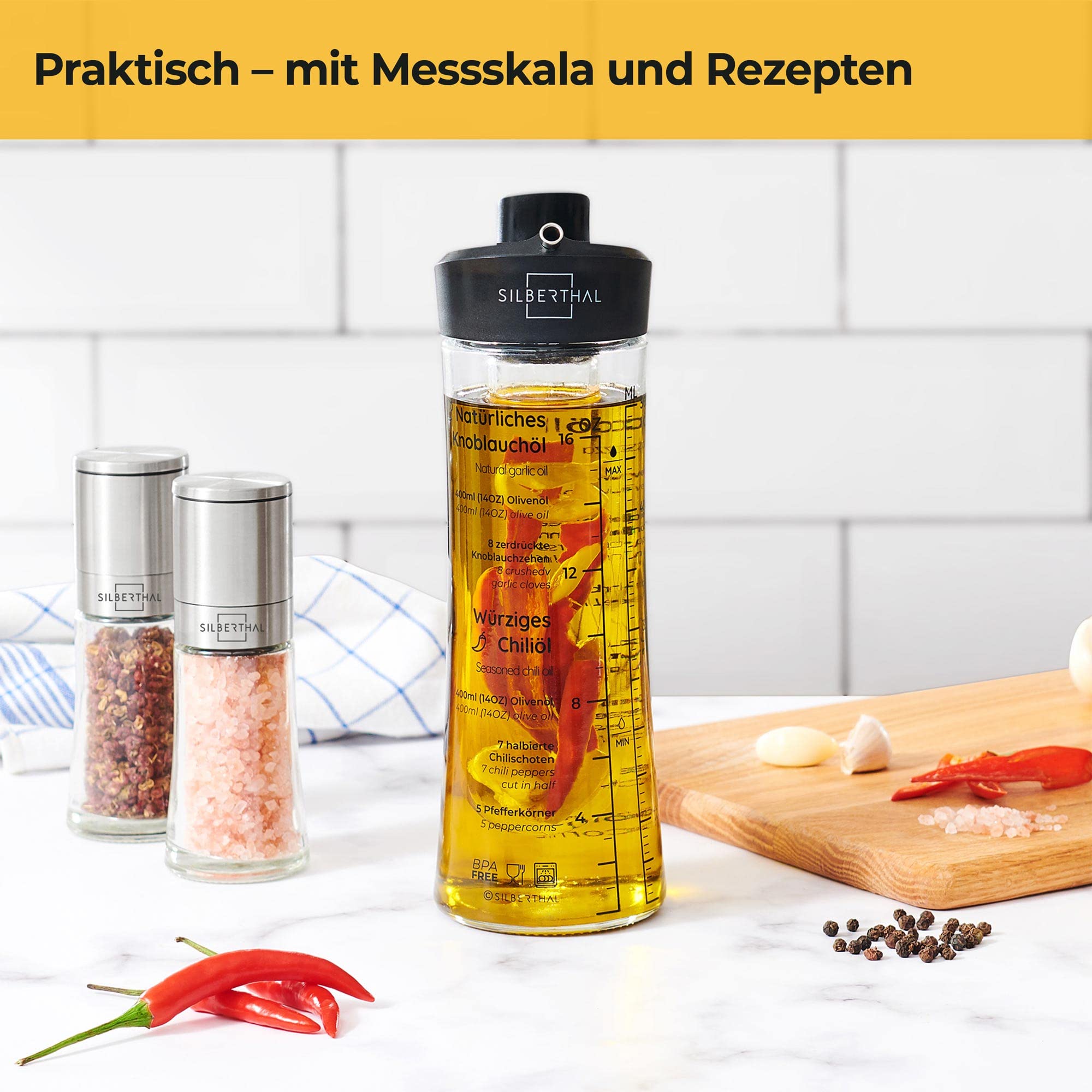 SILBERTHAL Ölflasche mit Ausgießer aus Glas - Mit Sieb zum Öl selber Machen mit Rezeptideen - Öl- und Essigspender aus Glas - 500 ml