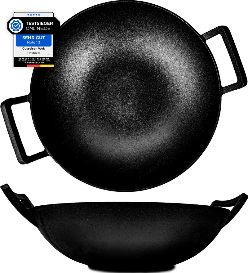 Oakfire Wok Gusseisen 36cm Groß Induktion, Grill Wok Gusseisern mit Non-Stick Patina