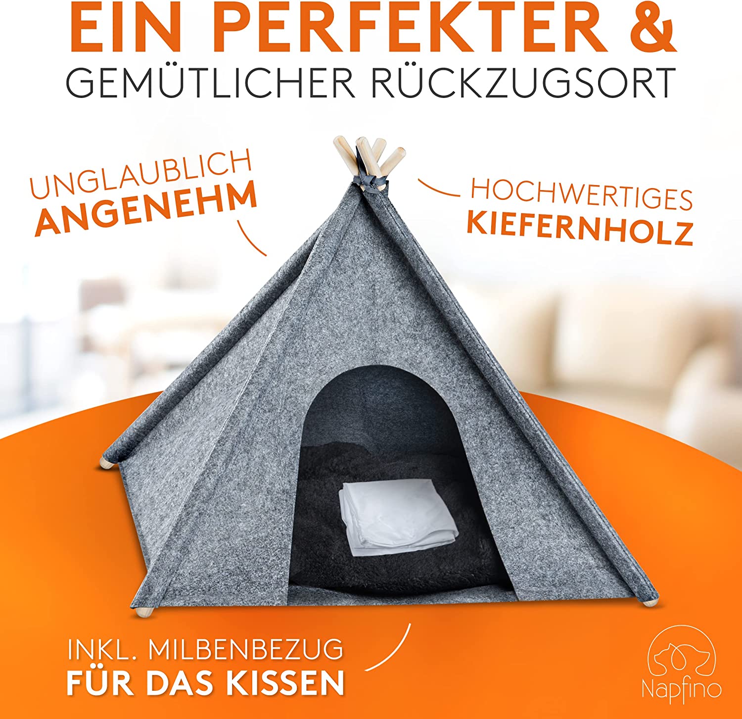 NAPFINO - Gemütliche Hundehöhle & Katzenhöhle - Angenehme Hundehütte Indoor aus Filz - Hundezelt mit weichem Kissen & Anti Milben Bezug - Für Balkon, Garten & Wohnzimmer - Inkl. Spielzeug (Größe M)