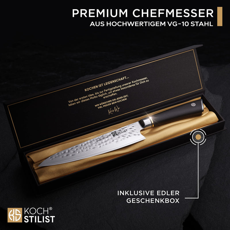 Kochstilist® Premium Damastmesser 20 cm [+ inkl. Geschenkbox] Das 67-Lagen Profi-Kochmesser aus extrem scharfem V10-Goldstahl - Damast Messer, Küchenmesser, Chefmesser mit edlem Echtholzgriff