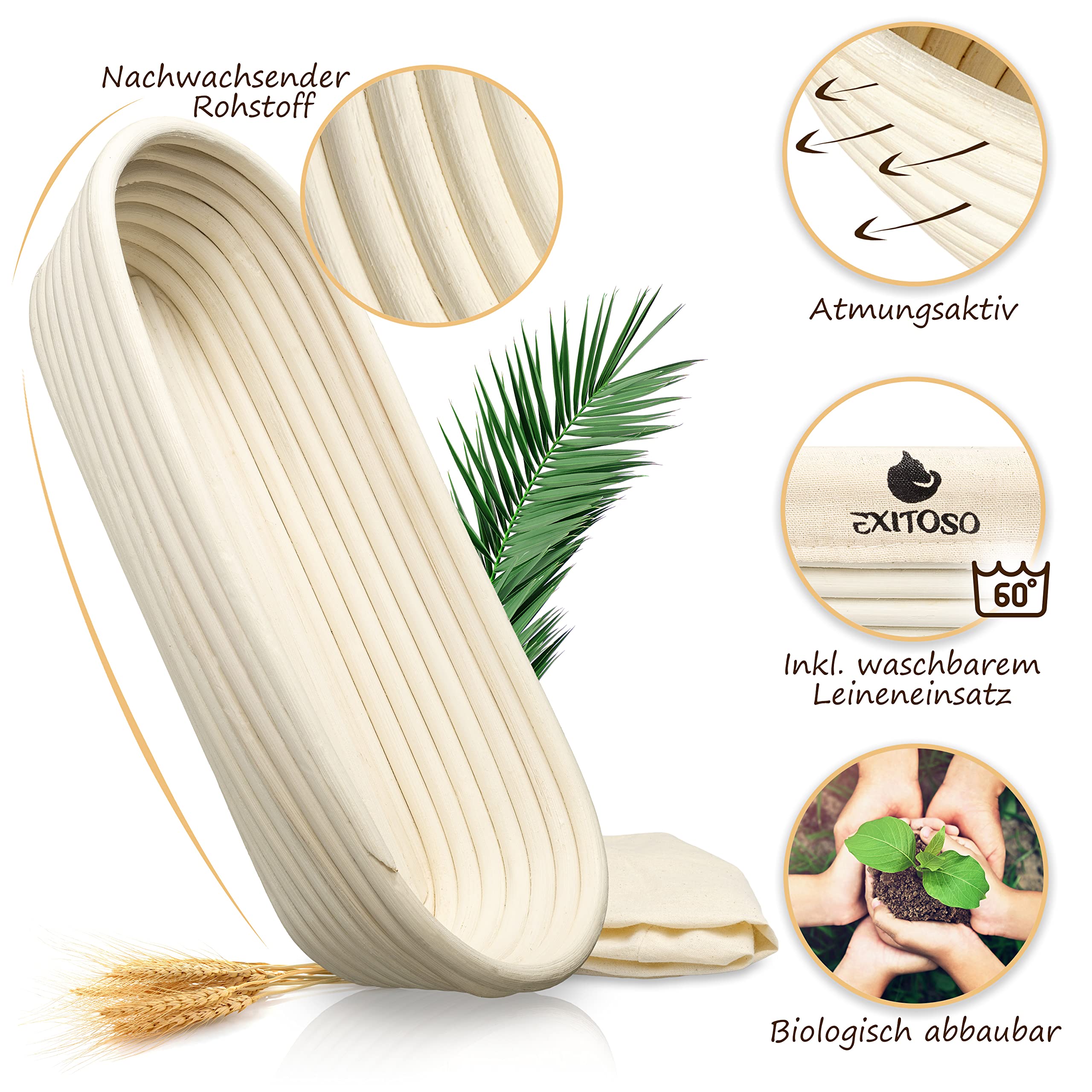 Exitoso Gärkörbchen oval 1kg aus Peddigrohr Ø35cm - Beige inkl. (E-Book Rezept, Leinentuch) - Brot backen mit Gärkörbchen Set - Gärkorb oval Brotbackzubehör Gärform - Garkörbe Brot Brotbacken