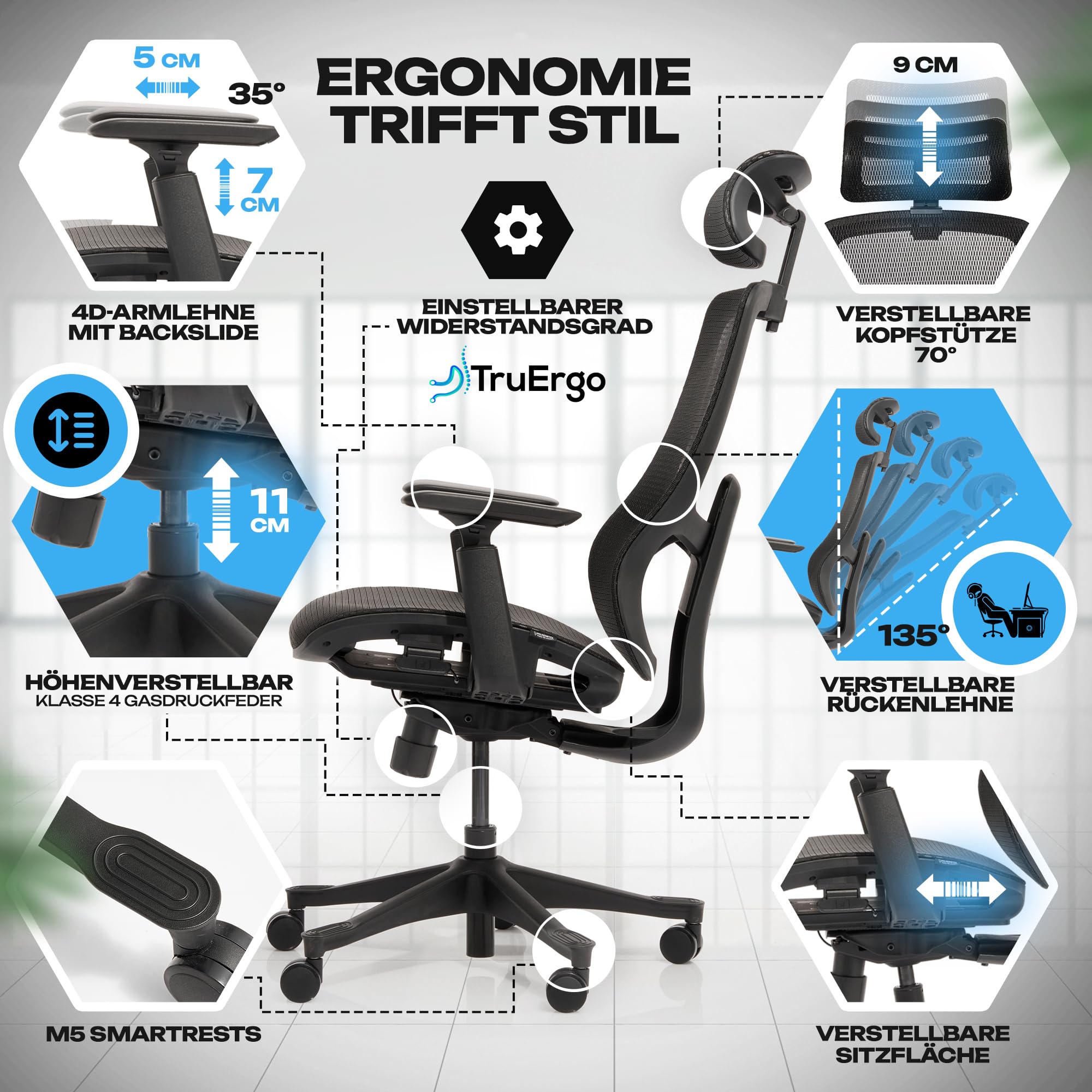 VALKENSTOL M5 Bürostuhl Ergonomisch - Höhenverstellbare Rückenlehne, Mesh-Sitz - Ergonomischer Bürostuhl Schreibtischstuhl Office Chair Bürostühle